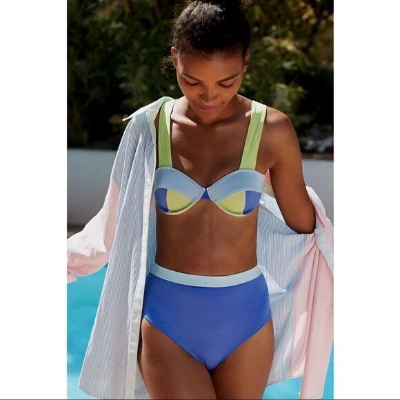 NEW Anthropologie Solid & Striped Lilo Blue Green Colorblocked Bikini Set Small - Picture 1 of 6